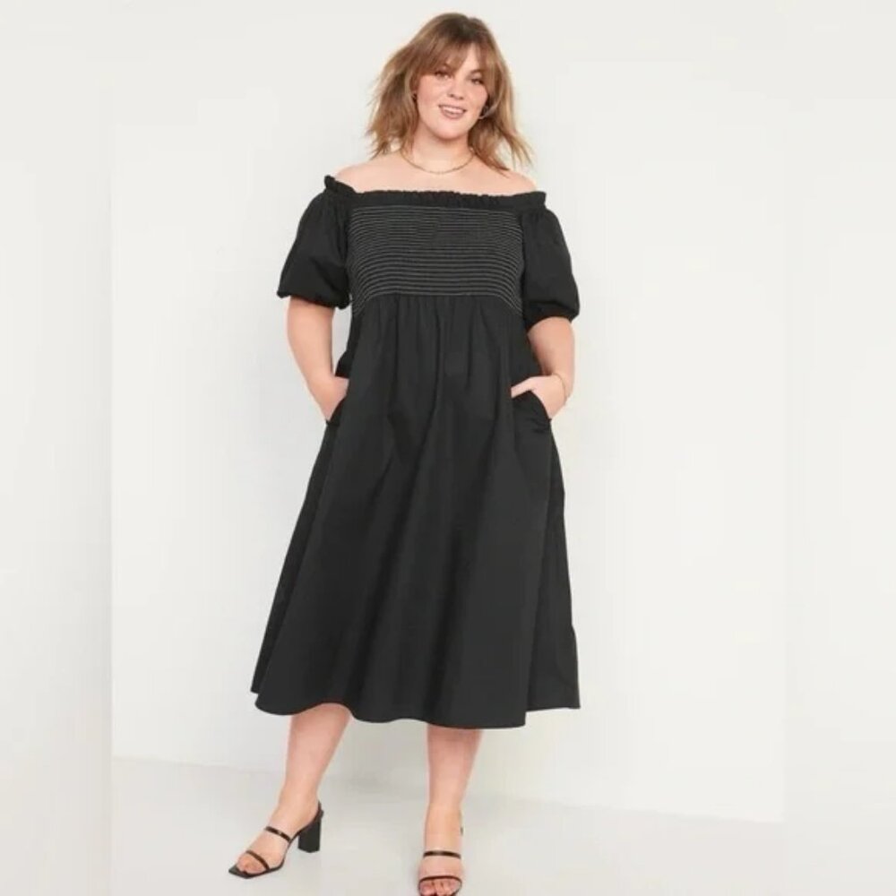 Black Fit & Flare Midi Dress XL Smocked Off Shoulder Puff Sleeve NEW 100% Cotton
